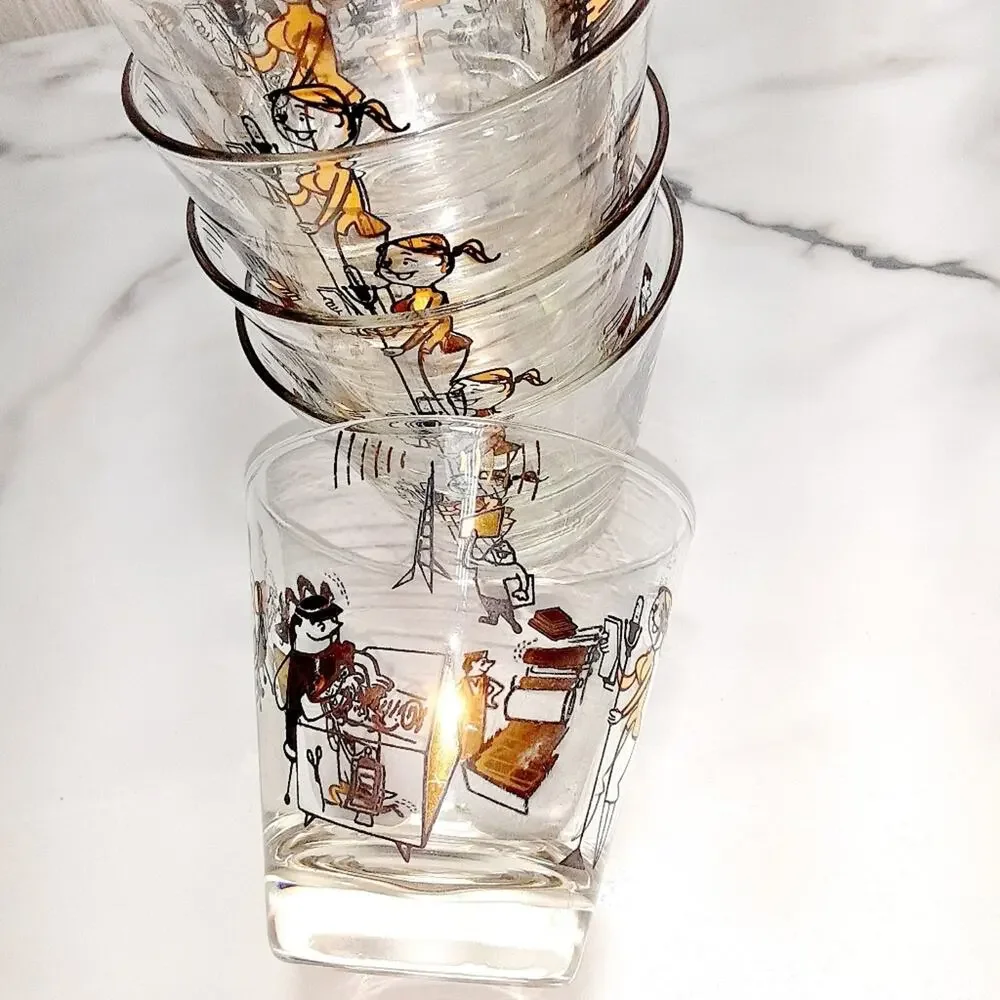 Mid Century modern Double drinking  Glasses  Set of 5 Pressroom Characters